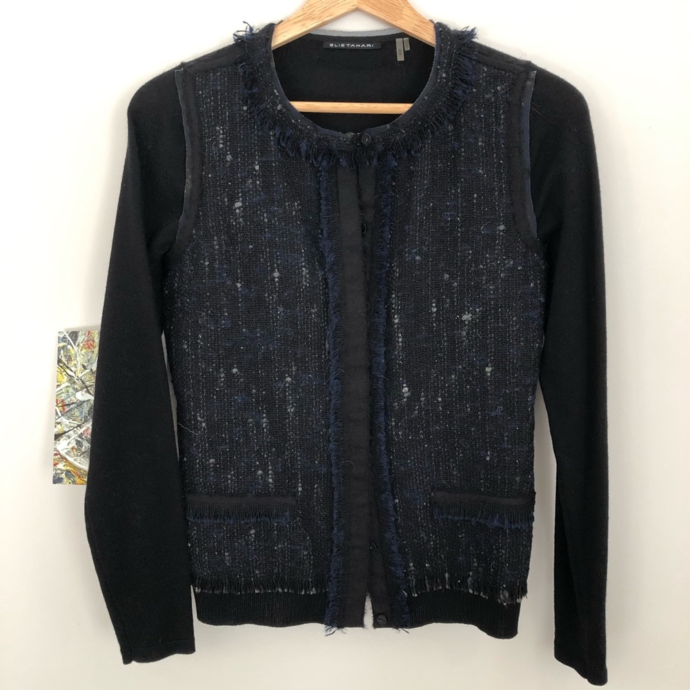 Elie Tahari Merino Wool Cardigan Tweed Front
